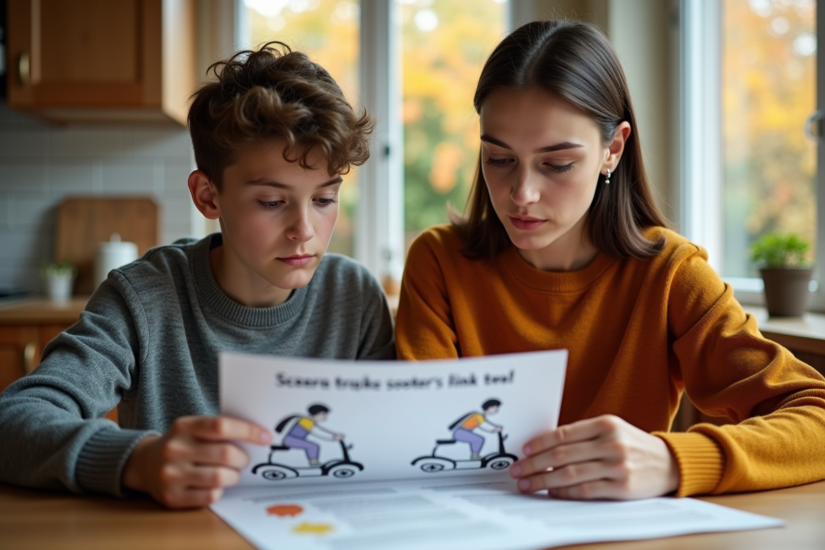 Mère et fils discutant des règles de scooter à la table de cuisine