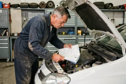Mécanicien examinant le carnet d'entretien d'une Peugeot 208 blanche dans un garage indépendant