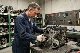 Professionnel de la mécanique inspectant un bloc moteur dans une casse auto à Sélestat