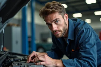 Mécanicien inspectant le moteur 1.6 BlueHDi d'une voiture compacte dans un atelier automobile professionnel