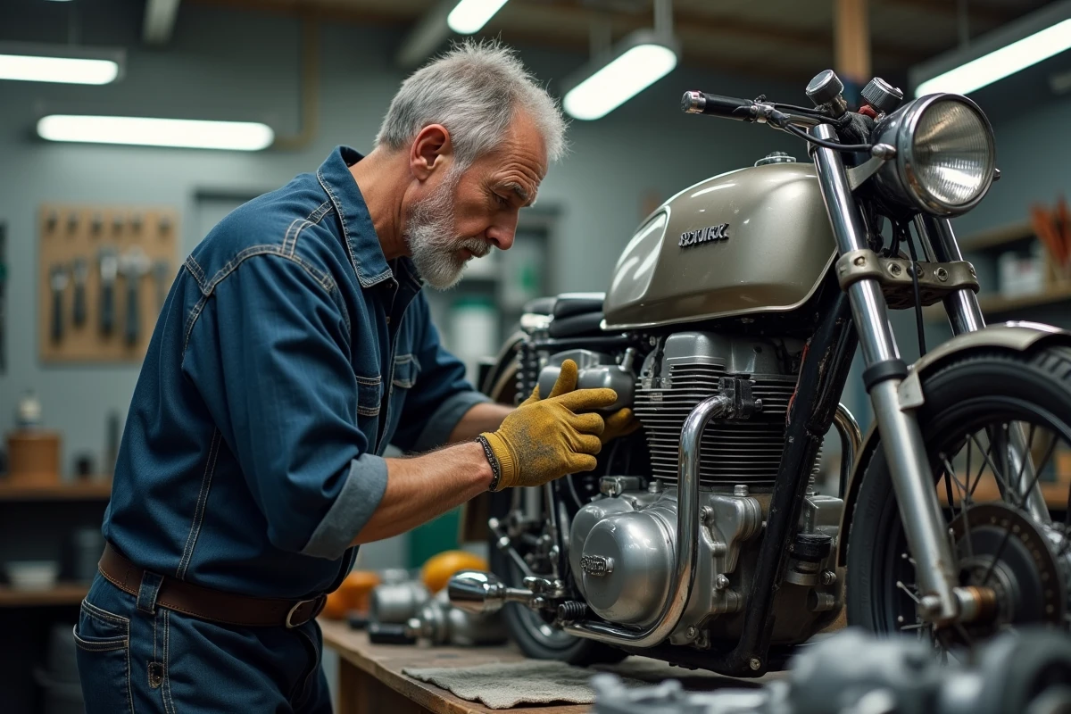 Mécanicien inspectant le moteur d'une Suzuki GT750 de collection en atelier, vérification technique et points de fiabilité