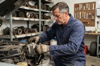 Mécanicien installant une pièce auto d'occasion dans un garage de réparation indépendant