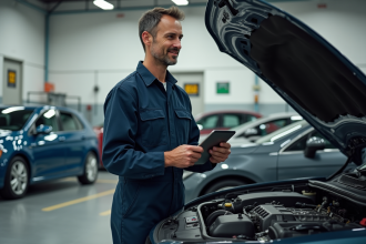Mécanicien en overalls bleus près d'une voiture moderne en inspection