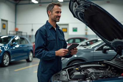 Mécanicien en overalls bleus près d'une voiture moderne en inspection