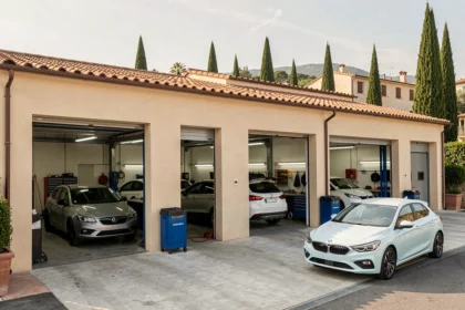 Devanture d'une carrosserie professionnelle dans les Alpes-Maritimes avec voitures en cours de réparation