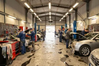 Vue d'ensemble d'un garage automobile professionnel dans les Pyrénées-Atlantiques avec plusieurs mécaniciens au travail