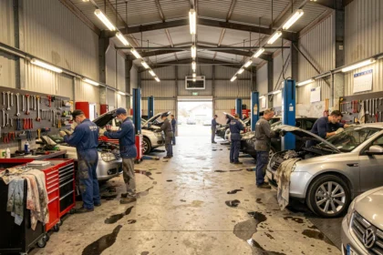 Vue d'ensemble d'un garage automobile professionnel dans les Pyrénées-Atlantiques avec plusieurs mécaniciens au travail