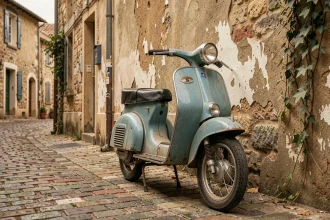 Mobylette vintage années 1960 garée sur un pavé de village français, avec patine authentique et plaque de collection