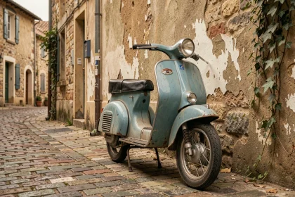 Mobylette vintage années 1960 garée sur un pavé de village français, avec patine authentique et plaque de collection