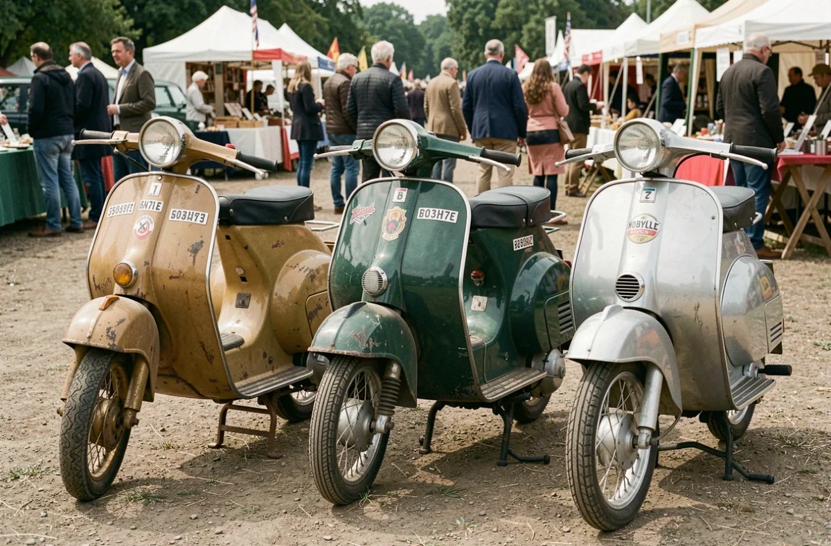Trois Mobylette de collection exposées côte à côte lors d'un salon de véhicules anciens en plein air en France
