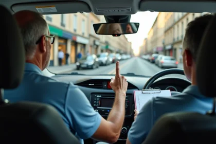 Moniteur d'auto-école dans une voiture à double commande en milieu urbain, illustrant le coût d'une heure de conduite