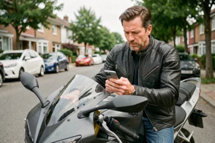 Motard consultant une comparaison d'assurance moto sur son smartphone, assis sur sa moto dans une rue résidentielle