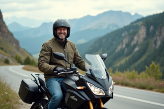Motard souriant sur moto de tourisme en montagne