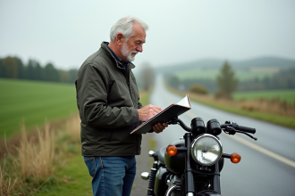 Motard mature examine son odomètre à côté d'une vieille moto