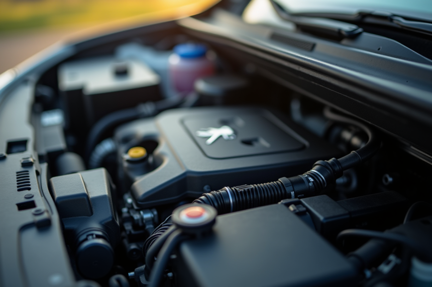 Vue rapprochee du moteur Peugeot 1 6 HDi en plein jour