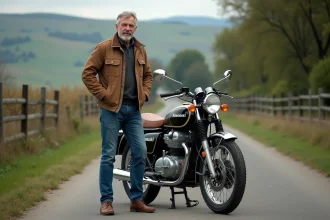 Homme avec veste en cuir et moto Kawasaki KZ 400 en campagne