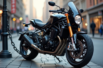 Moto brillante garée en ville avec chaîne solide
