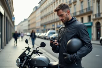 Motocycliste homme regardant son smartphone en ville