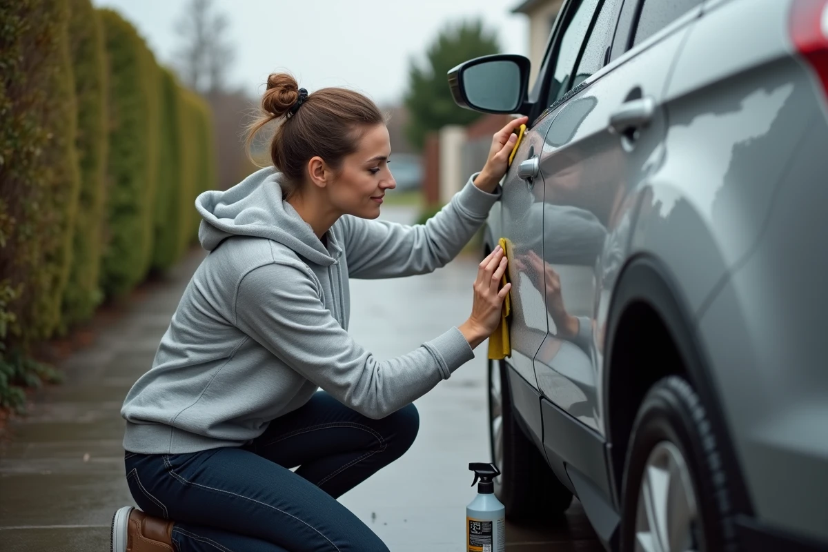 Femme entretenant le joint et la vitre latérale de son SUV dans une allée résidentielle avec un chiffon en microfibre