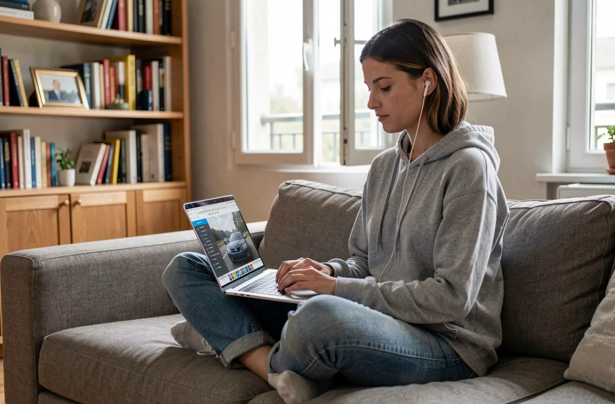 Une étudiante suivant une leçon de conduite en ligne avec Ornikar depuis son appartement à Rennes