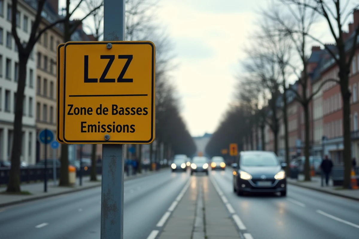 Panneau de zone de basses émissions à Bruxelles avec des véhicules attendant à un feu rouge en arrière-plan