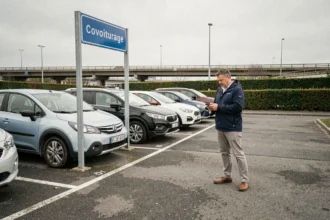 Parking de covoiturage Vinci Autoroutes avec signalisation réglementaire et conducteur vérifiant son smartphone avant de stationner