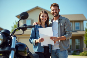 Pere et fils souriants devant une moto avec papiers d'assurance