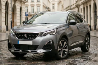 Peugeot 3008 Hybrid 136 e-DCS6 vue de face trois quarts en milieu urbain sur pavés mouillés