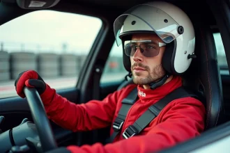 Pilote en combinaison rouge au volant d'une voiture de sport sur circuit automobile lors d'un stage de pilotage