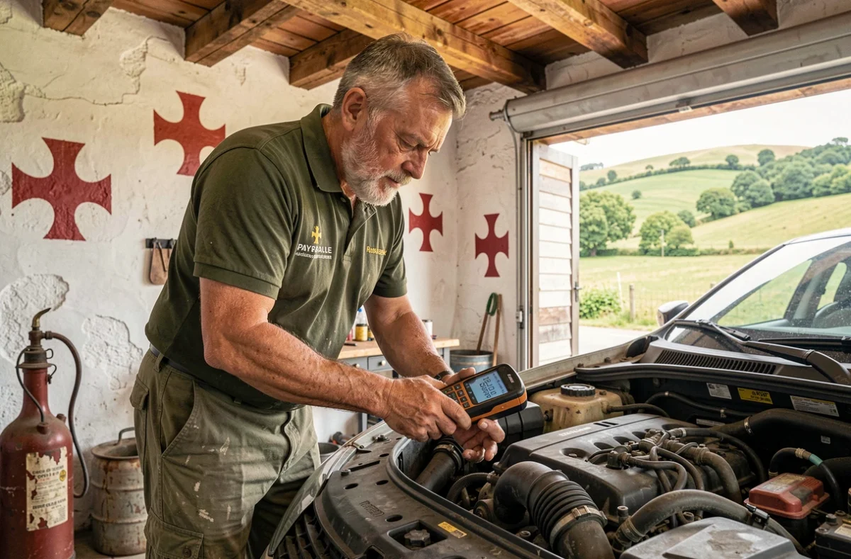 Mécanicien généraliste du Planuya Garage en Pays basque utilisant un scanner de diagnostic sur un moteur