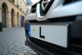 Plaque d'immatriculation européenne avec la lettre L pour le Luxembourg, montée sur une voiture garée dans une rue pavée