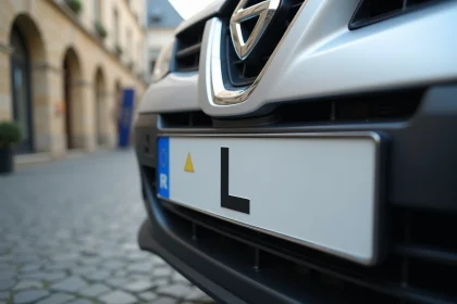 Plaque d'immatriculation européenne avec la lettre L pour le Luxembourg, montée sur une voiture garée dans une rue pavée
