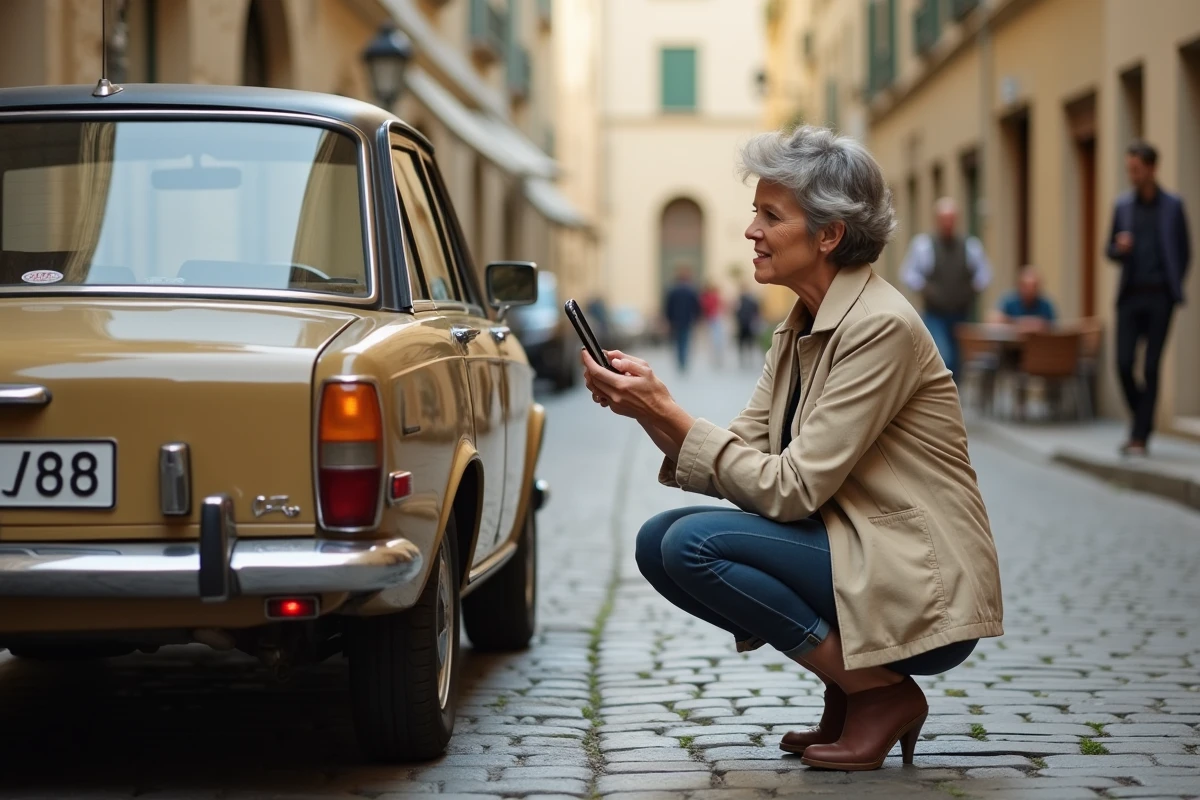 Femme photographiant la plaque d'immatriculation d'une voiture ancienne dans une rue pavée française