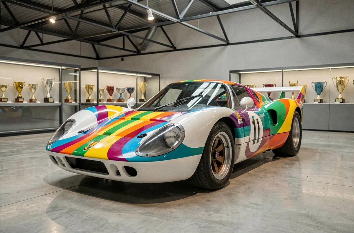 Porsche 917 livrée Hippie exposée dans un musée automobile avec trophées du Mans en arrière-plan