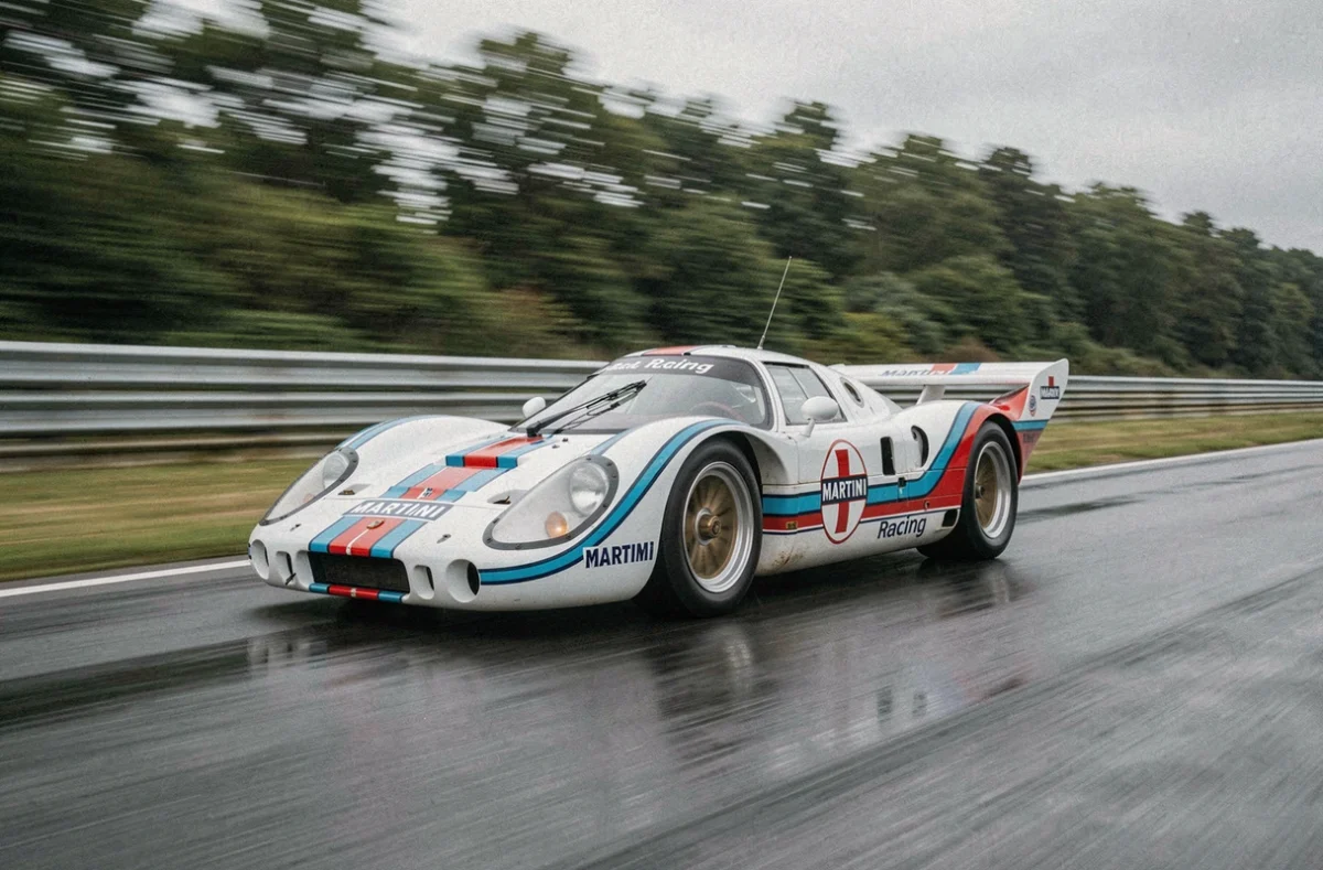 Porsche 917 Martini Racing en pleine vitesse sur la ligne droite des Hunaudières au Mans