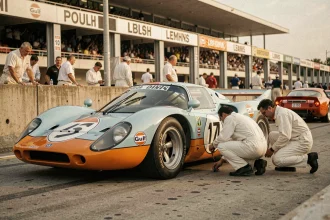 Porsche 917 Gulf Oil en stand au Mans dans les années 70 avec mécaniciens en combinaison blanche
