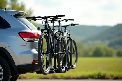 Porte vélo attelage 4 vélos monté sur un SUV argent sur route de campagne avec quatre VTT chargés
