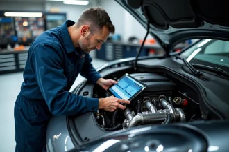 Technicien automobile inspectant le moteur préparé d'un Porsche Cayenne S dans un atelier de tuning professionnel