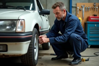 Mécanicien amateur inspectant la suspension d'une Peugeot 205 préparée pour un rallye amateur dans un garage en béton