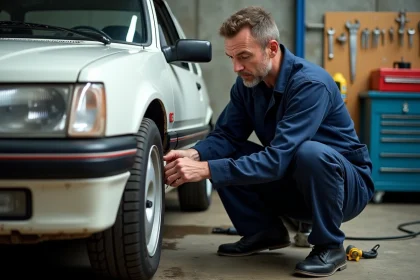 Mécanicien amateur inspectant la suspension d'une Peugeot 205 préparée pour un rallye amateur dans un garage en béton