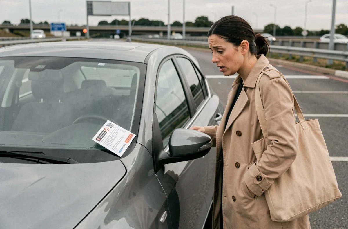 Femme découvrant un PV sur son pare-brise dans un parking de covoiturage Vinci Autoroutes près de La Chapelle-Saint-Mesmin