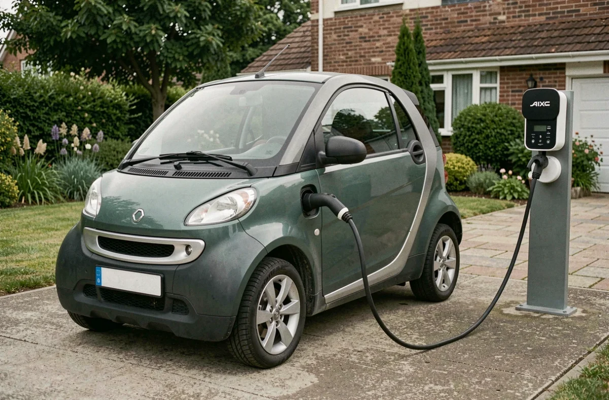 Recharge d'une Aixam électrique à domicile sur une borne de recharge résidentielle, voiture sans permis écologique