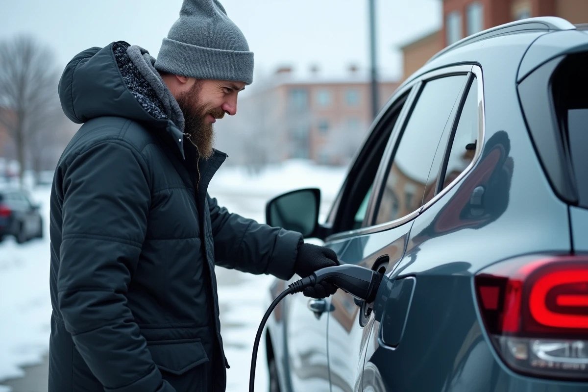 Homme branchant un câble de recharge sur un véhicule hybride par temps hivernal enneigé