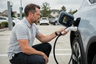Homme branchant un câble de recharge sur une voiture électrique dans un parking extérieur