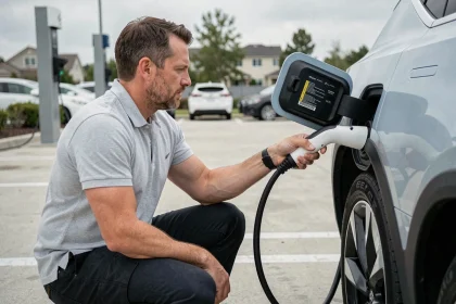 Homme branchant un câble de recharge sur une voiture électrique dans un parking extérieur