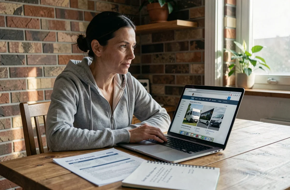 Femme comparant des offres de camping-cars Autostar occasion en ligne avant un achat