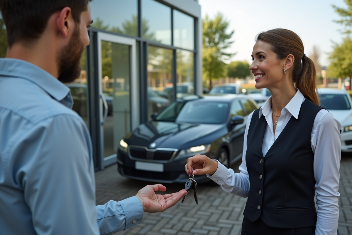 Femme remettant des clés de voiture à un client satisfait
