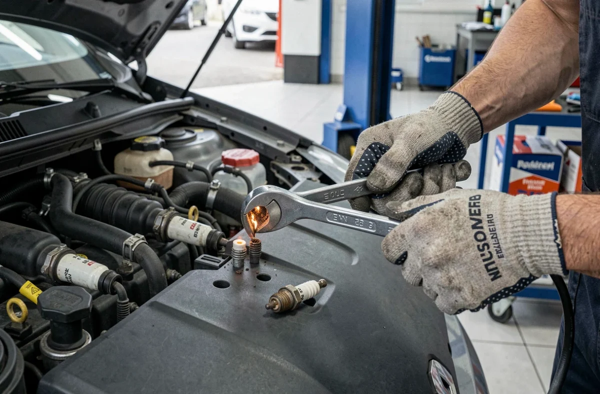 Gros plan sur le remplacement des bougies d'allumage d'un moteur Renault essence lors d'une révision