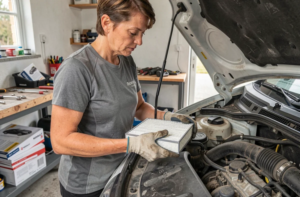 Femme remplaçant le filtre à air d'un moteur Renault essence dans un garage particulier