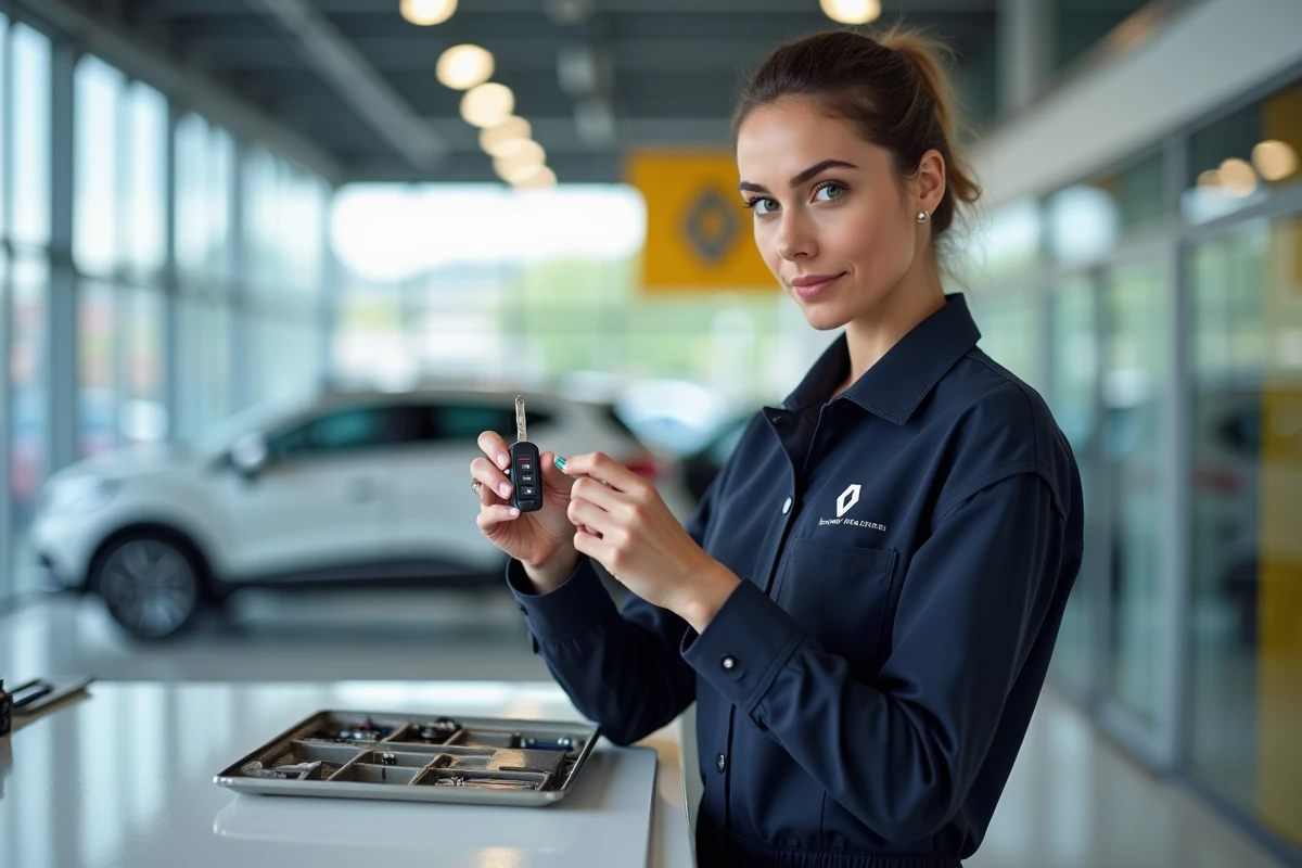 Technicienne Renault remplaçant la pile de clé Clio 4 dans un garage officiel